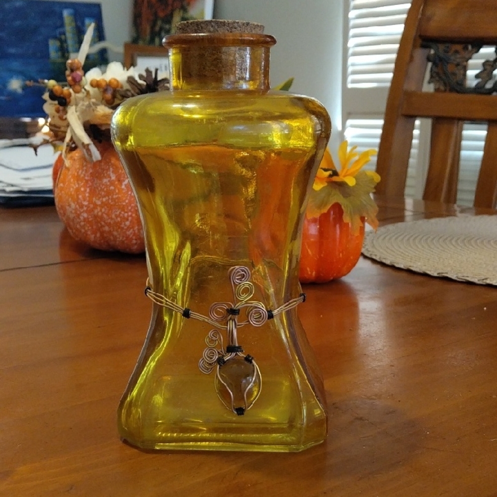Amber Yellow Glass Bottle with Wire Wrap And Pendant